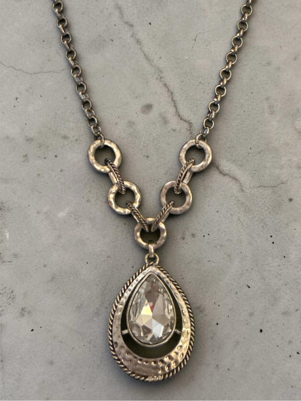 Vintage Silvertone Hammered Statement Necklace 20” Large-Faceted Pendant